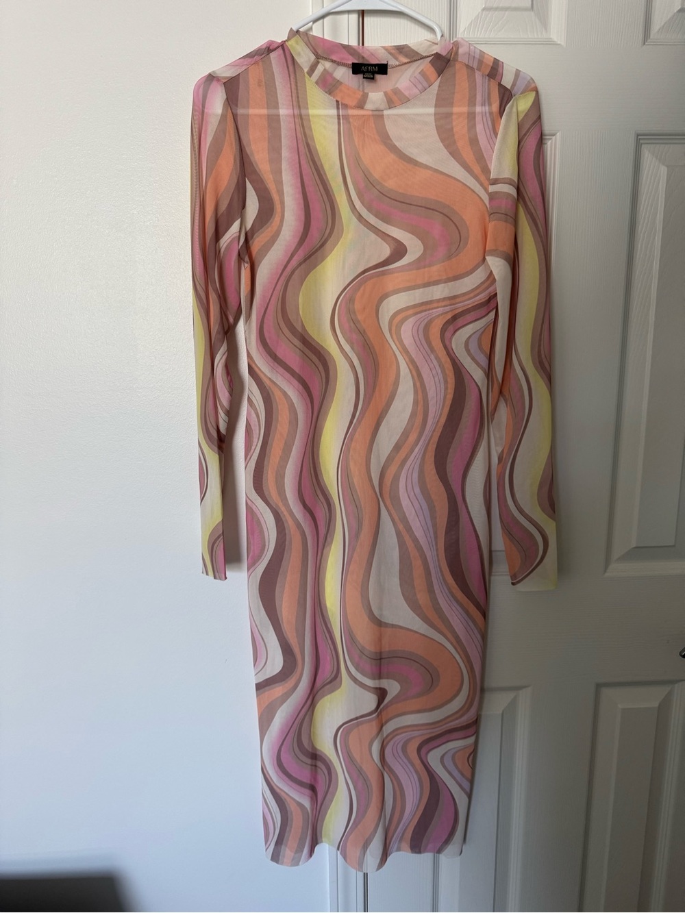 AFRM Long Sleeve Midi Dress in Pink, Peach & Yellow Swirl
